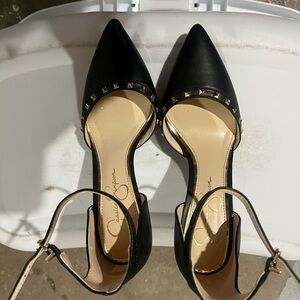 Jessica Simpson Black Pointed D'Orsay Ankle-Strap Flats with Stud Trim